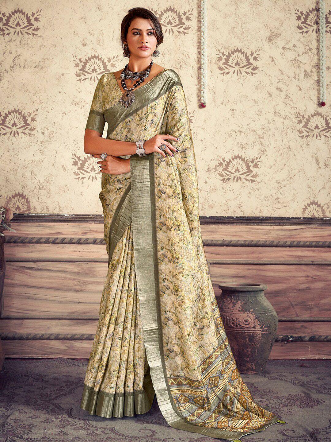 mitera beige & olive green silk blend designer sungudi saree