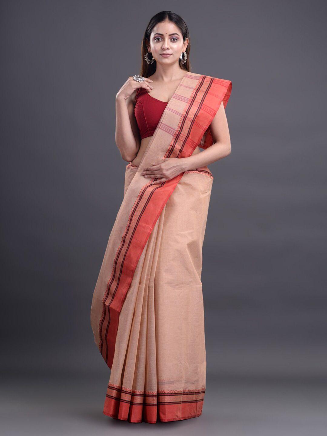 mitera beige & orange pure cotton taant saree