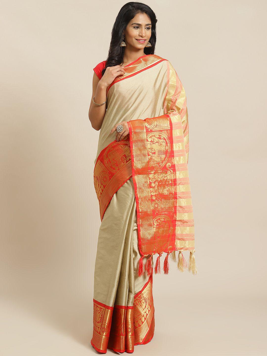 mitera beige & orange solid banarasi saree