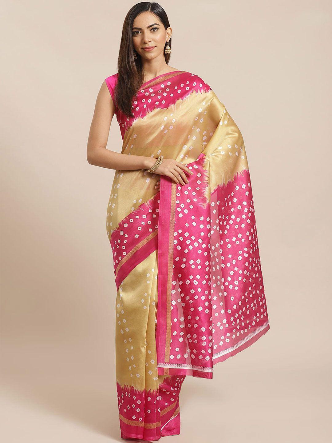 mitera beige & pink bandhani printed banarasi saree