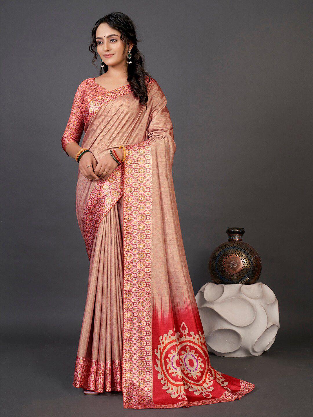 mitera beige & pink ethnic motifs printed patola saree