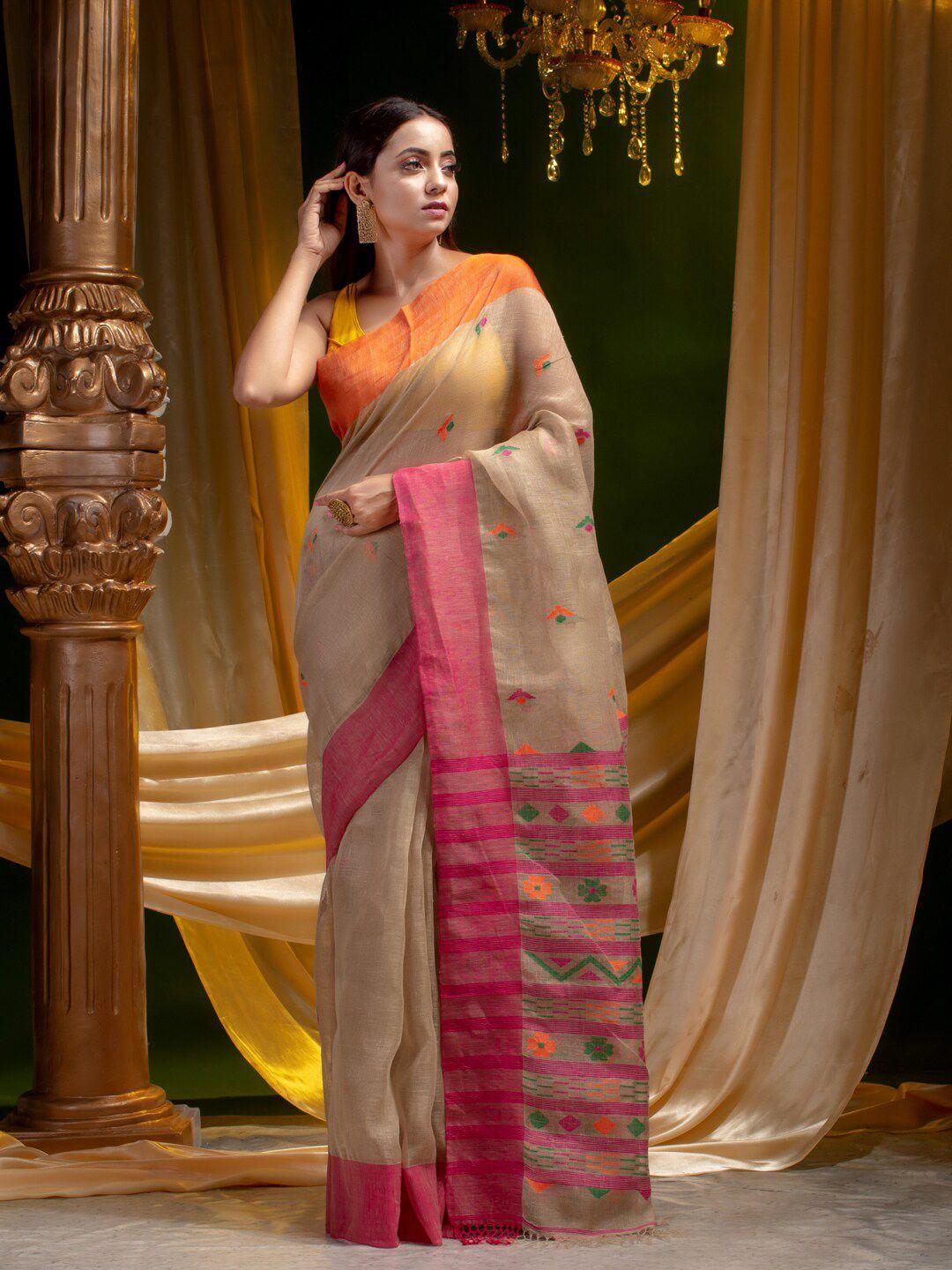 mitera beige & pink ethnic motifs pure linen saree