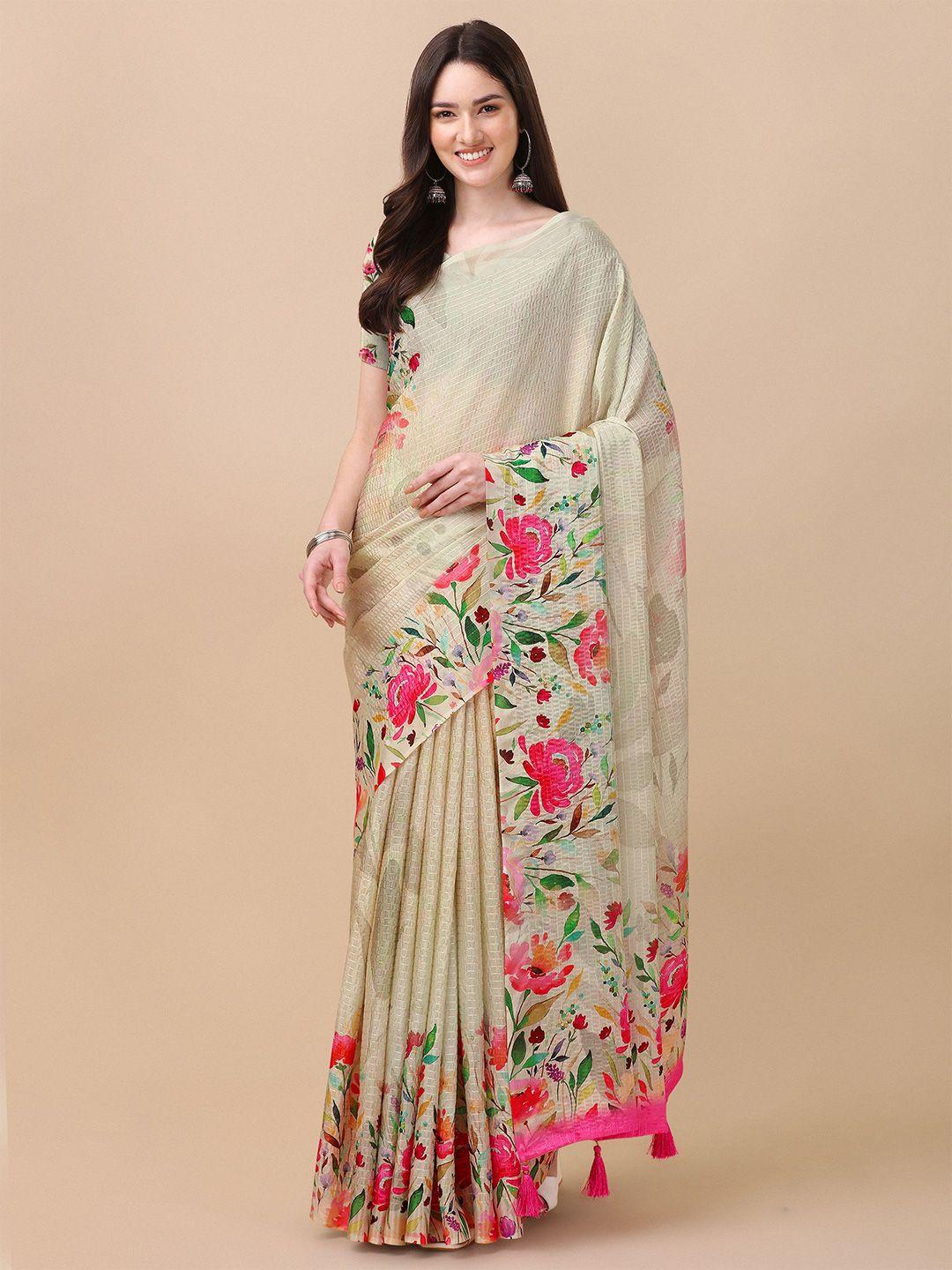 mitera beige & pink floral saree