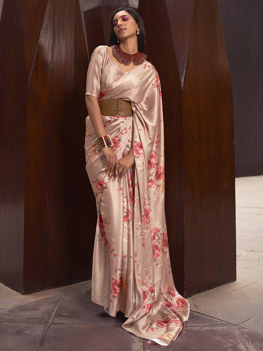 mitera beige & pink floral satin banarasi saree