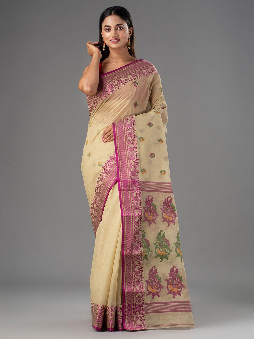 mitera beige & pink paisley pure cotton taant saree