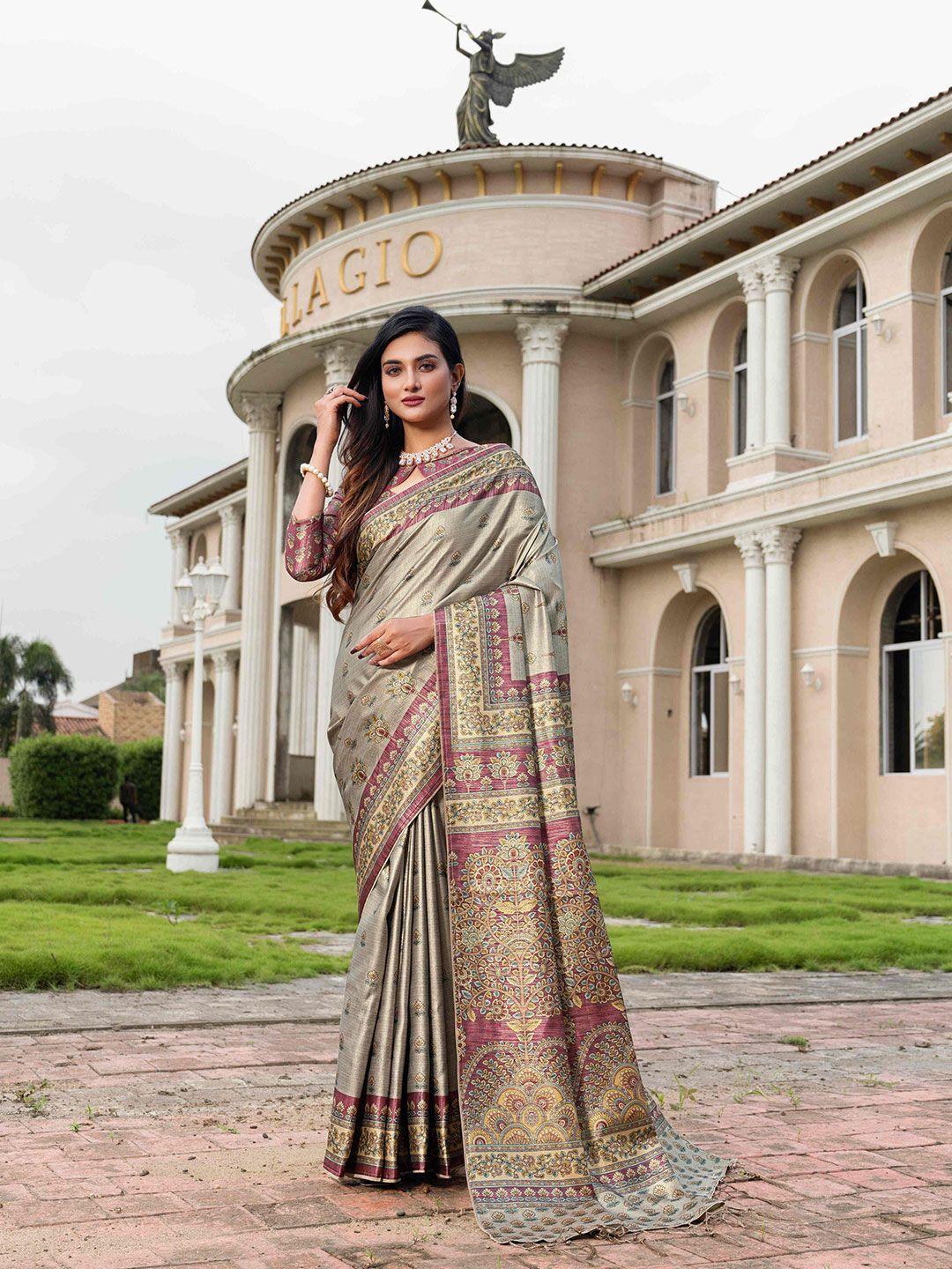 mitera beige & purple floral satin saree