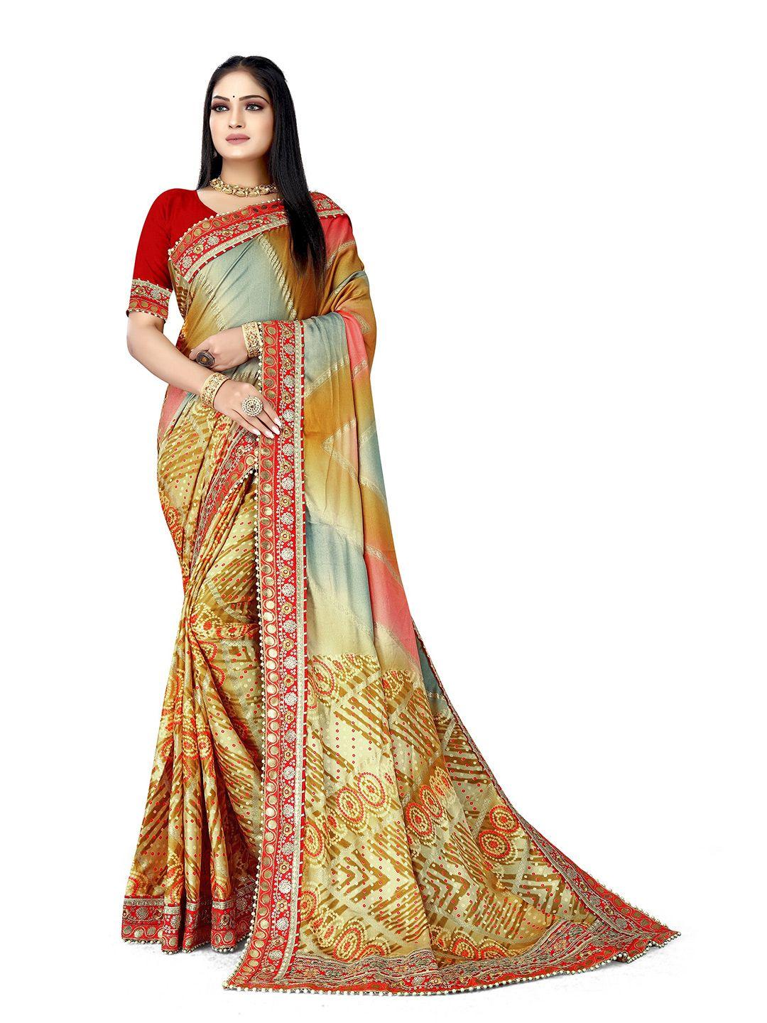 mitera beige & red bandhani printed beads & stones pure chiffon bandhani saree