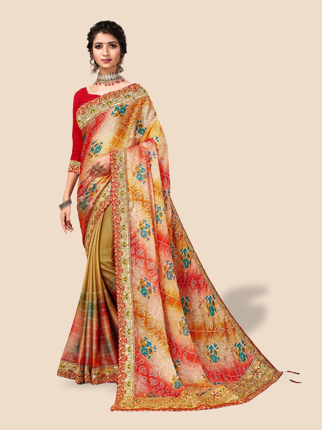 mitera beige & red bandhani printed embroidered saree