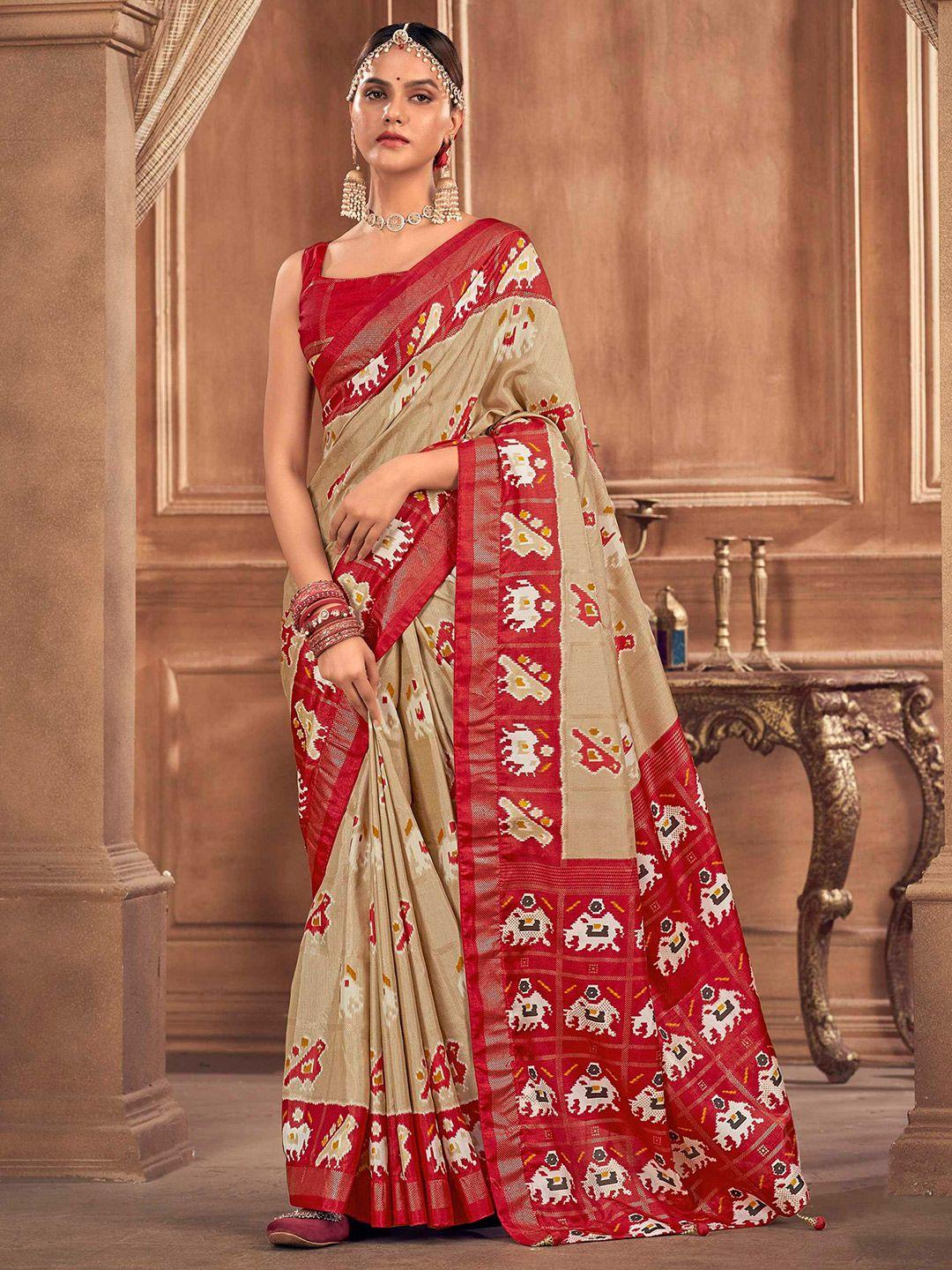 mitera beige & red embellished silk blend patola saree