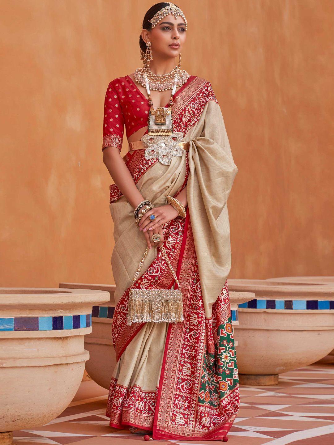 mitera beige & red ethnic motifs woven design silk blend patola saree