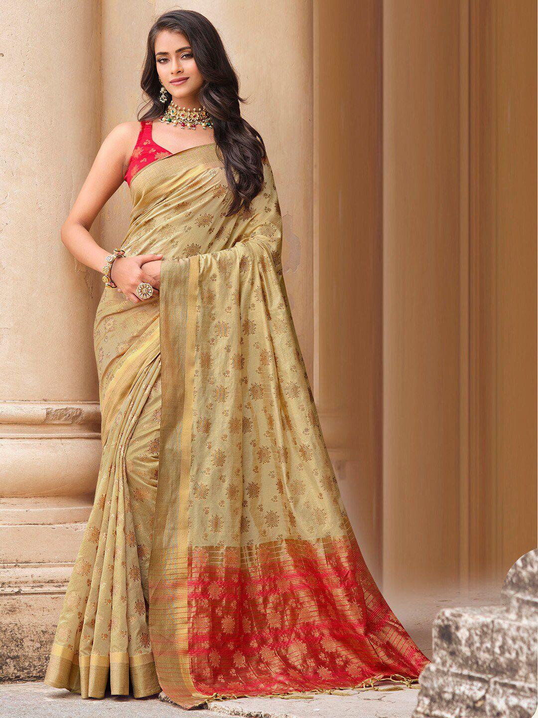 mitera beige & red ethnic motifs woven design zari banarasi saree