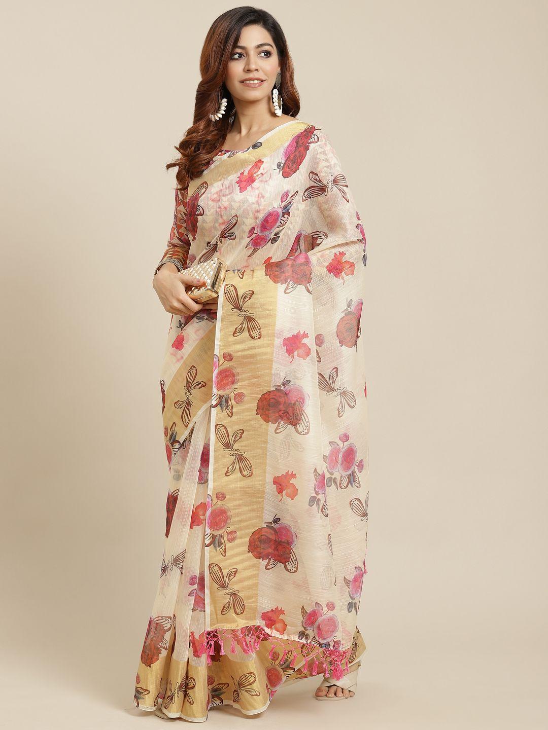 mitera beige & red floral linen blend saree