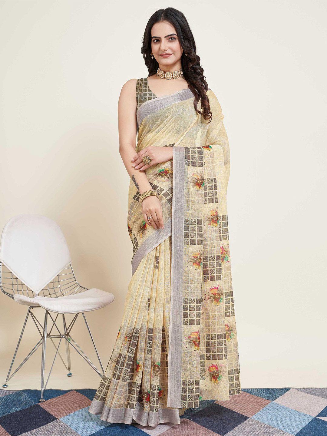 mitera beige & red floral zari saree