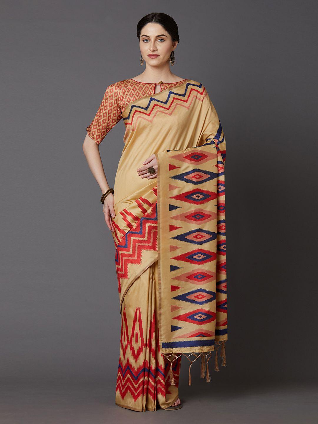 mitera beige & red silk blend printed saree