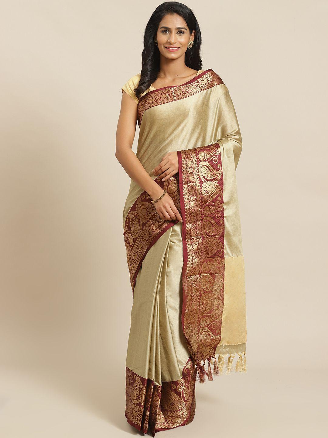 mitera beige & red solid banarasi saree