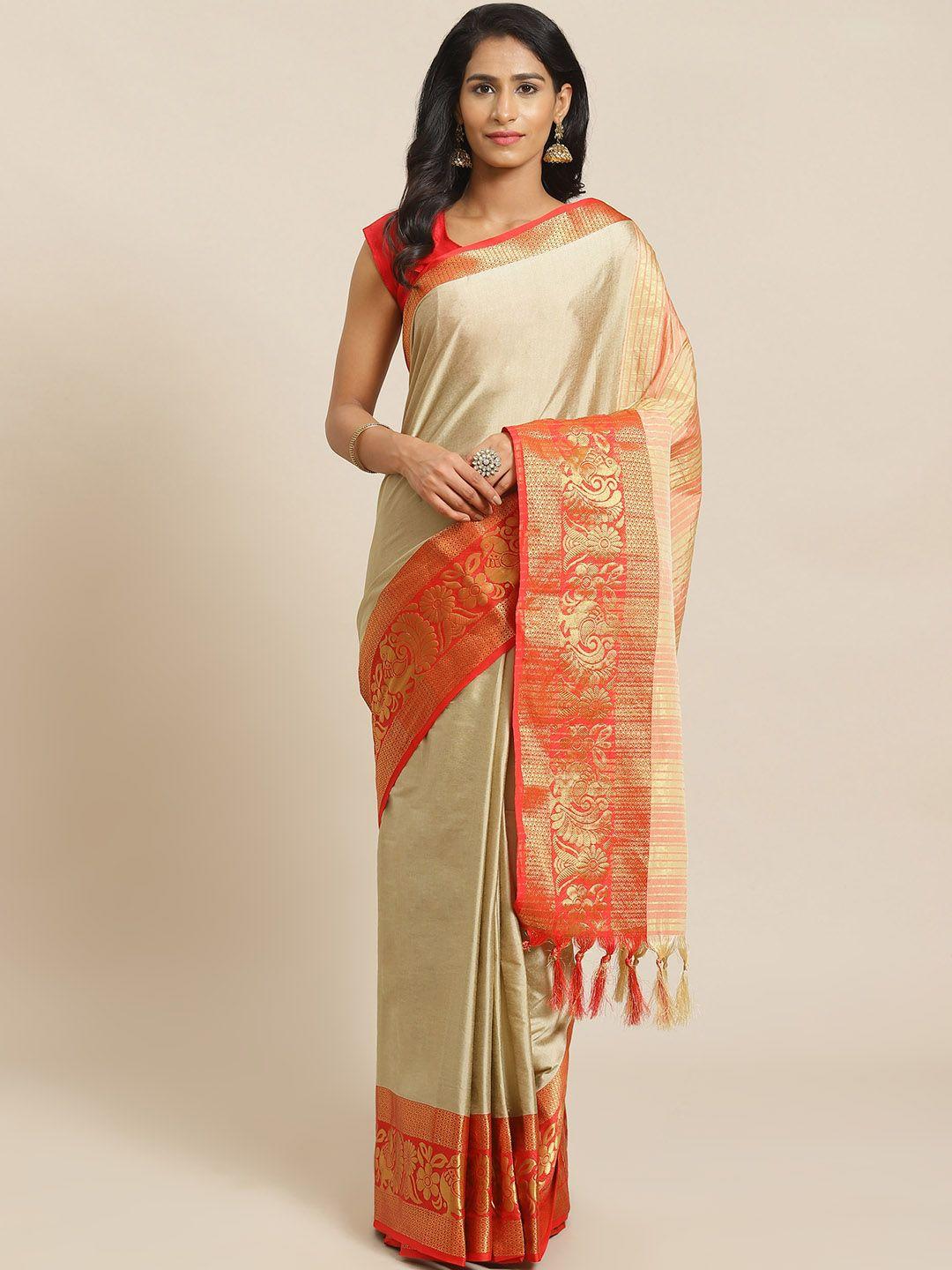 mitera beige & red solid banarasi saree