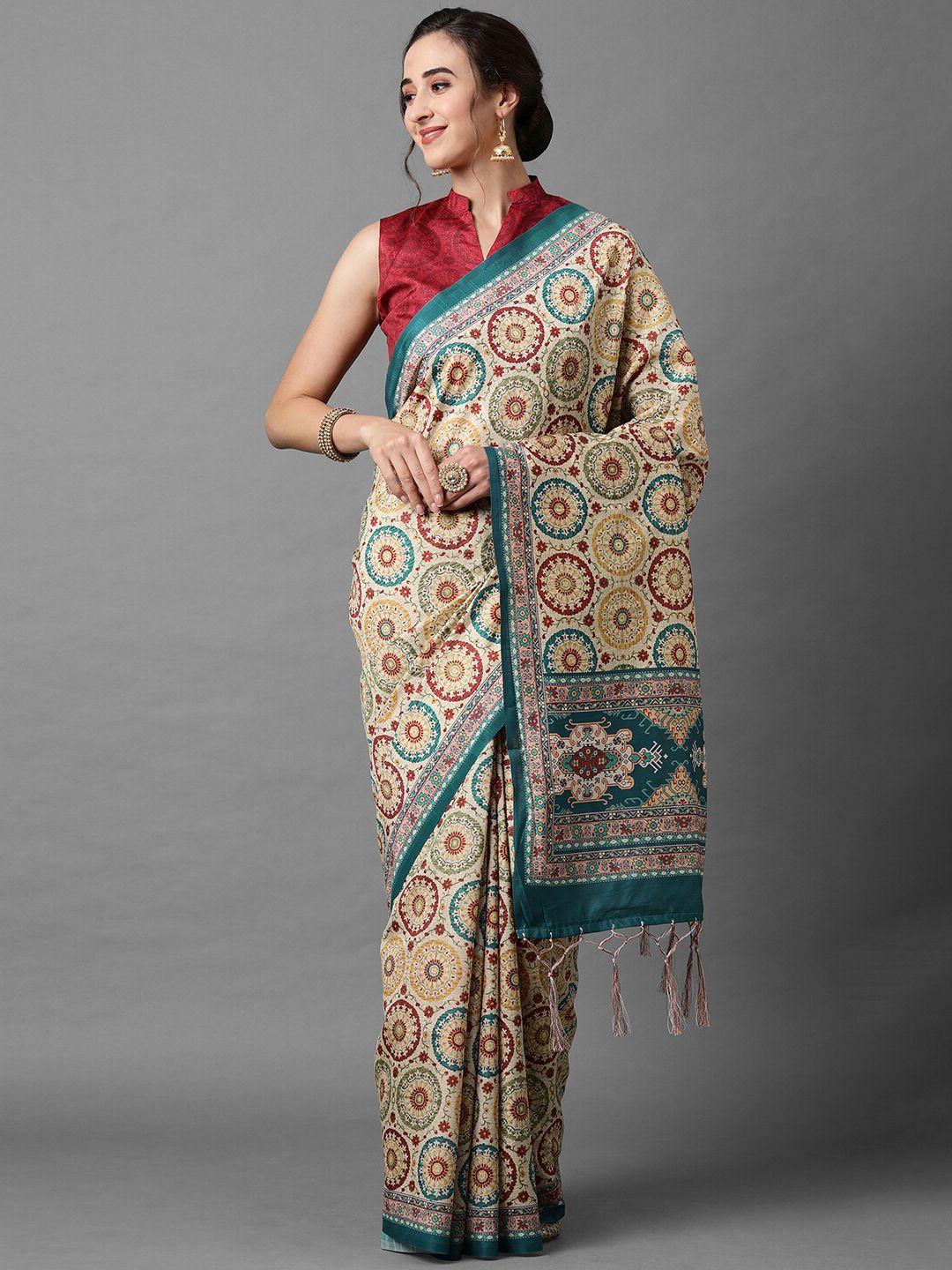 mitera beige & teal ethnic motifs silk blend saree