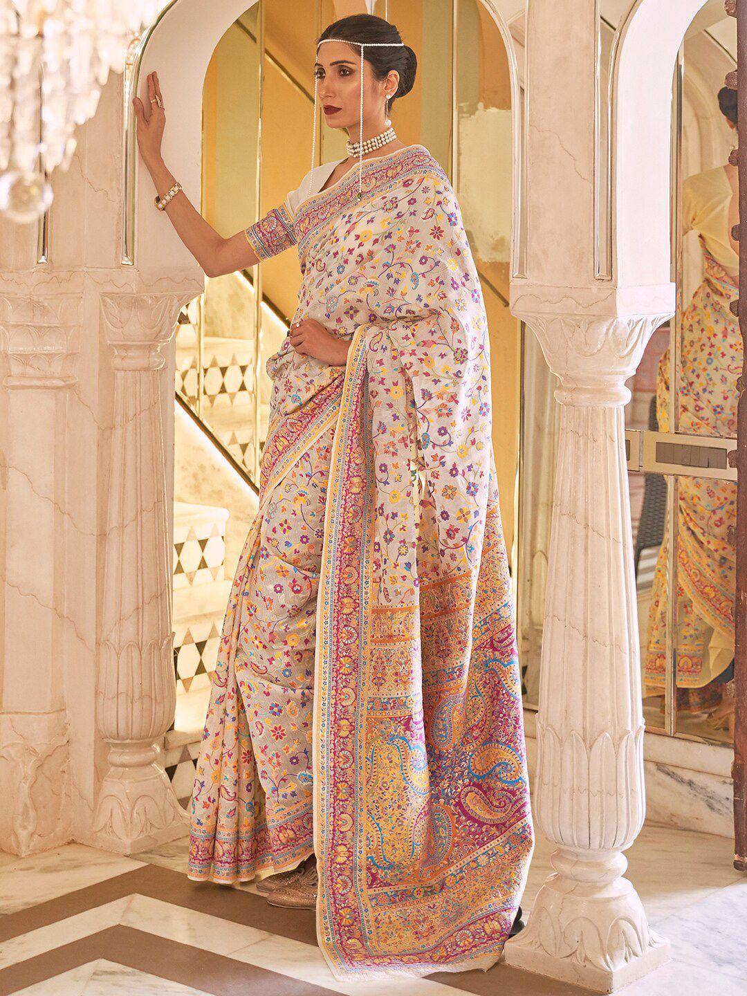 mitera beige & yellow floral silk blend banarasi saree