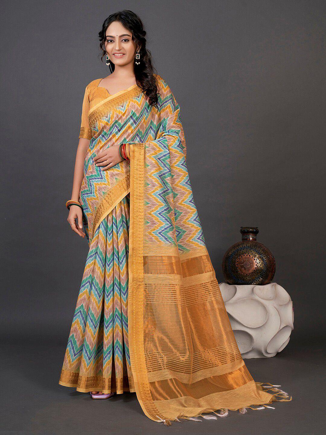 mitera beige & yellow geometric woven design zari silk cotton sungudi saree