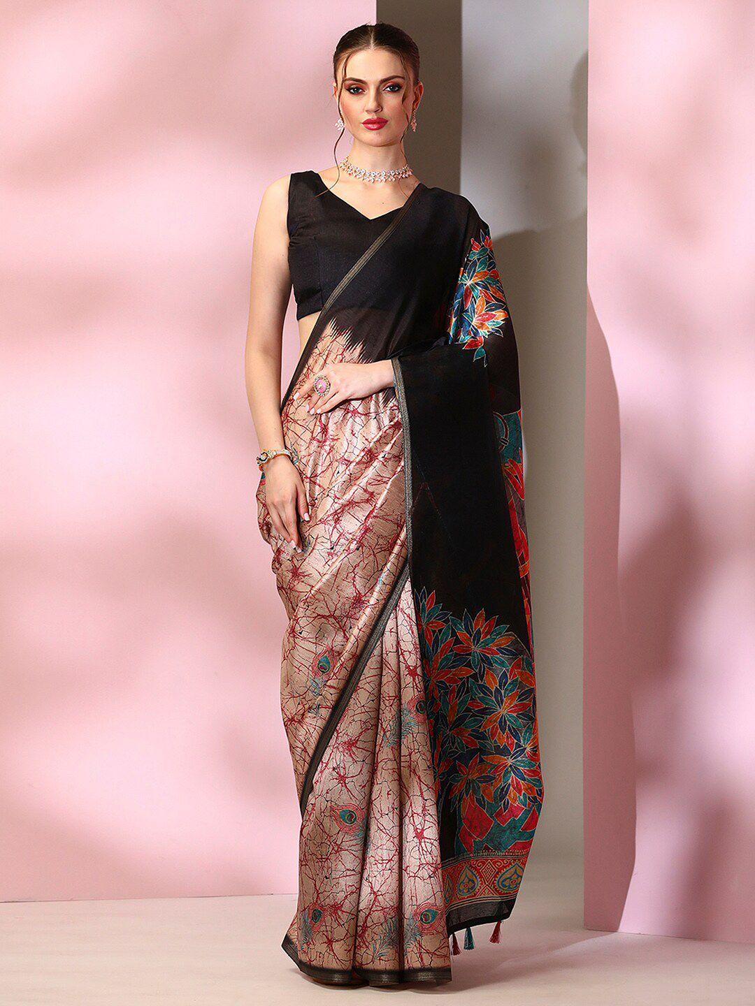 mitera beige abstract printed zari dabu saree