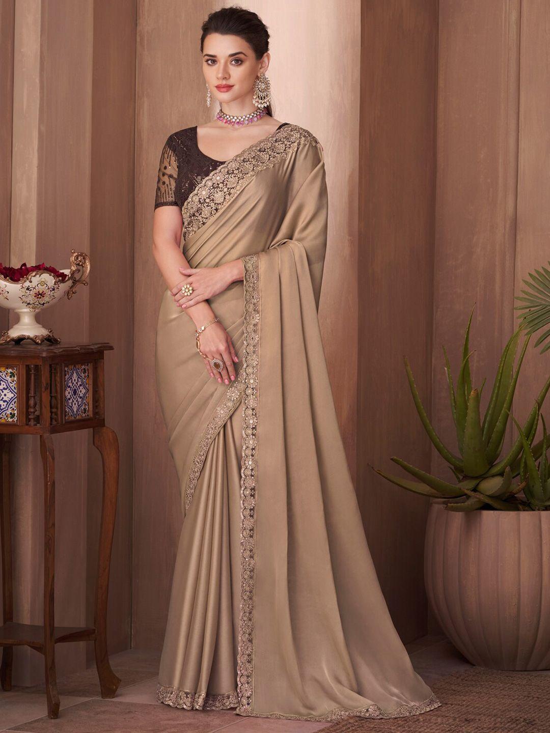 mitera beige embroidered silk blend saree