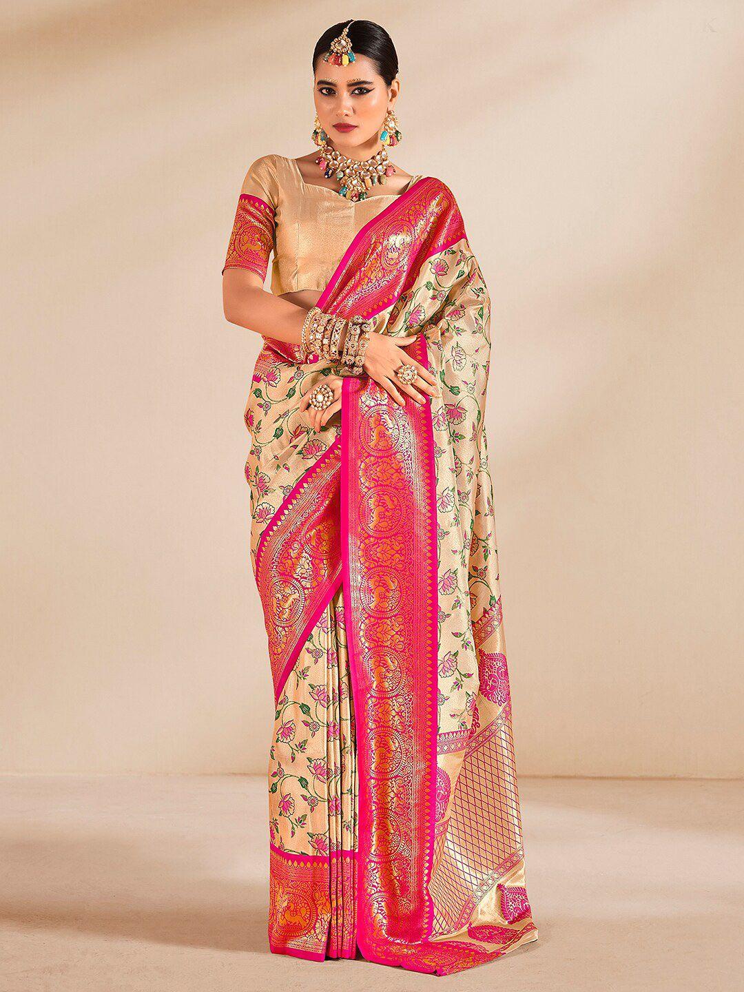 mitera beige ethnic motifs woven design zari art silk banarasi saree