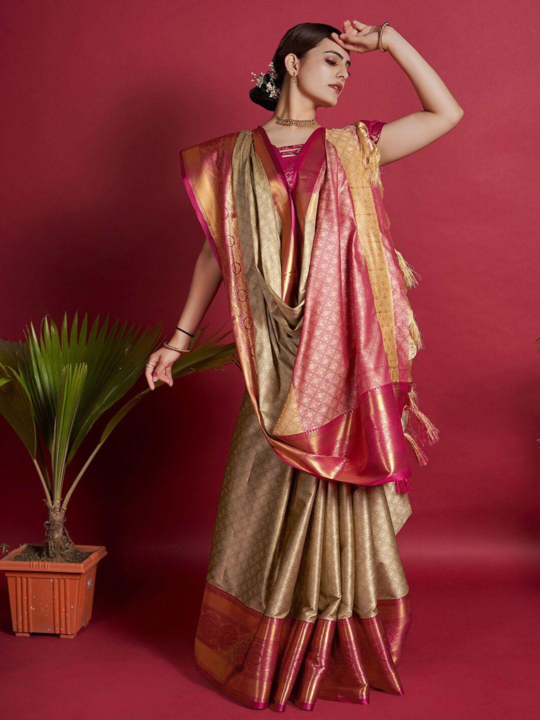 mitera beige ethnic motifs zari  woven design saree