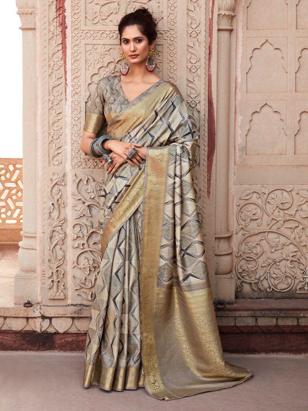 mitera beige silk blend designer banarasi saree