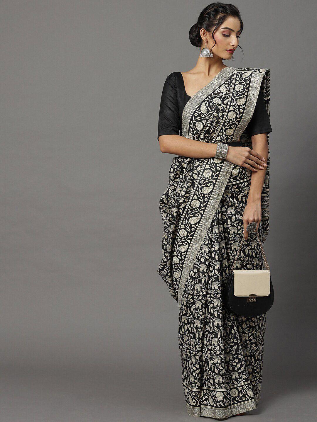 mitera black & beige ethnic motifs art silk bhagalpuri saree