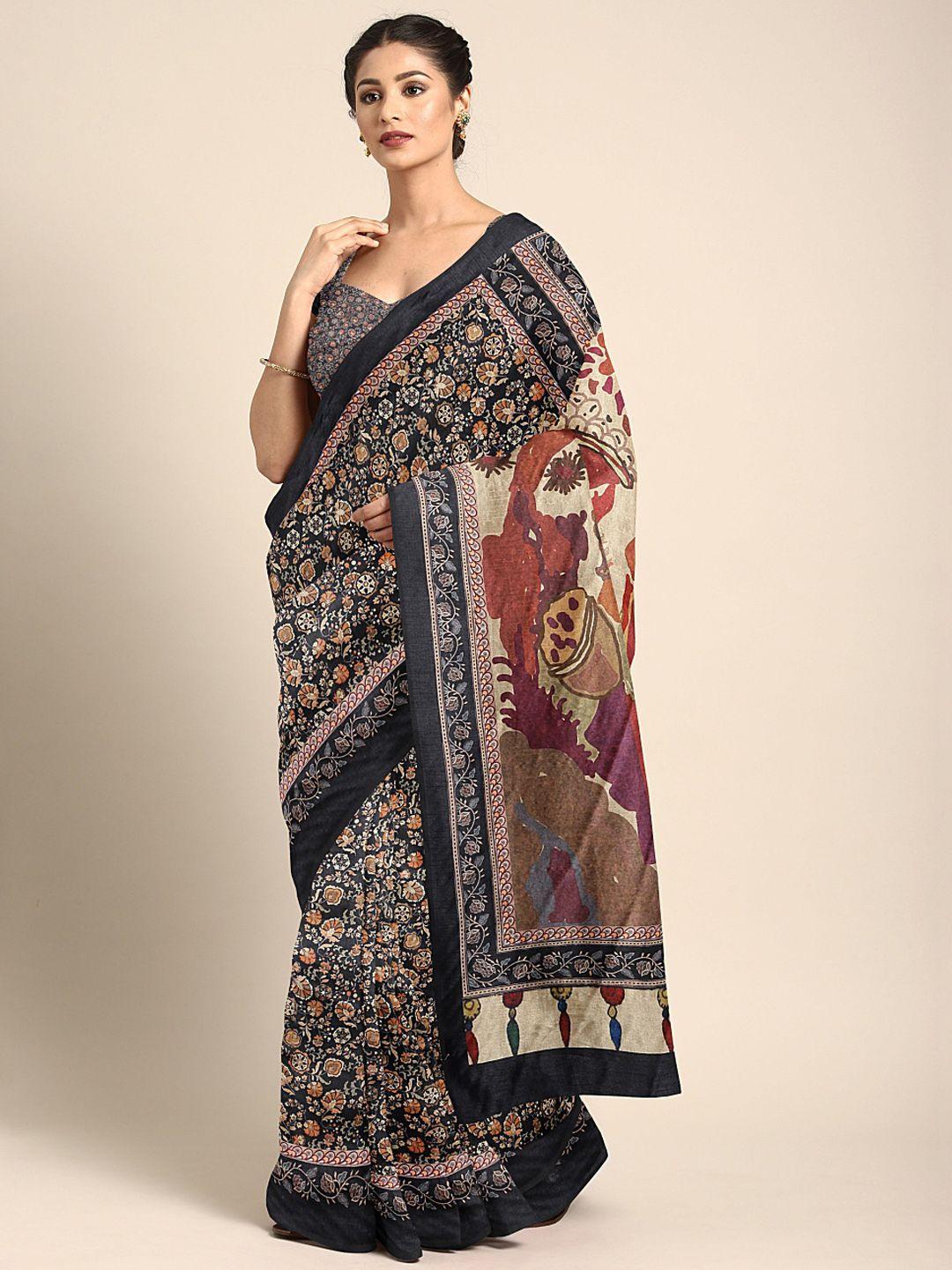 mitera black & beige silk blend printed saree