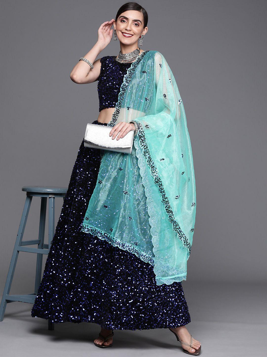 mitera black & blue embellished sequinned unstitched lehenga & blouse with dupatta
