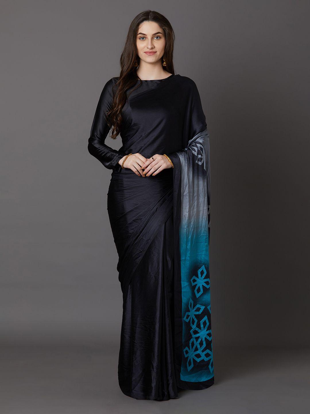 mitera black & blue poly crepe printed saree