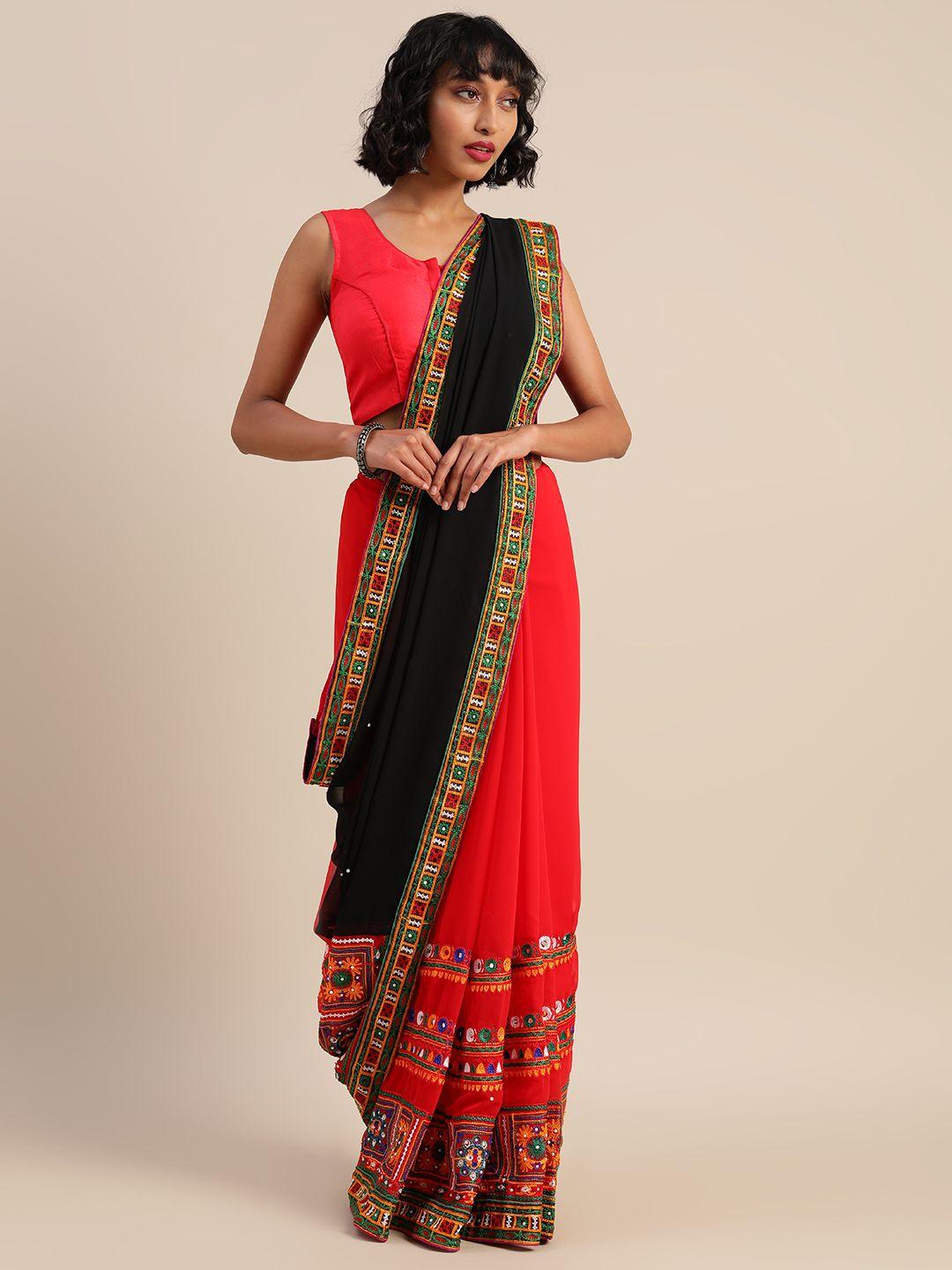 mitera black & coral red pure georgette embroidered half & half saree