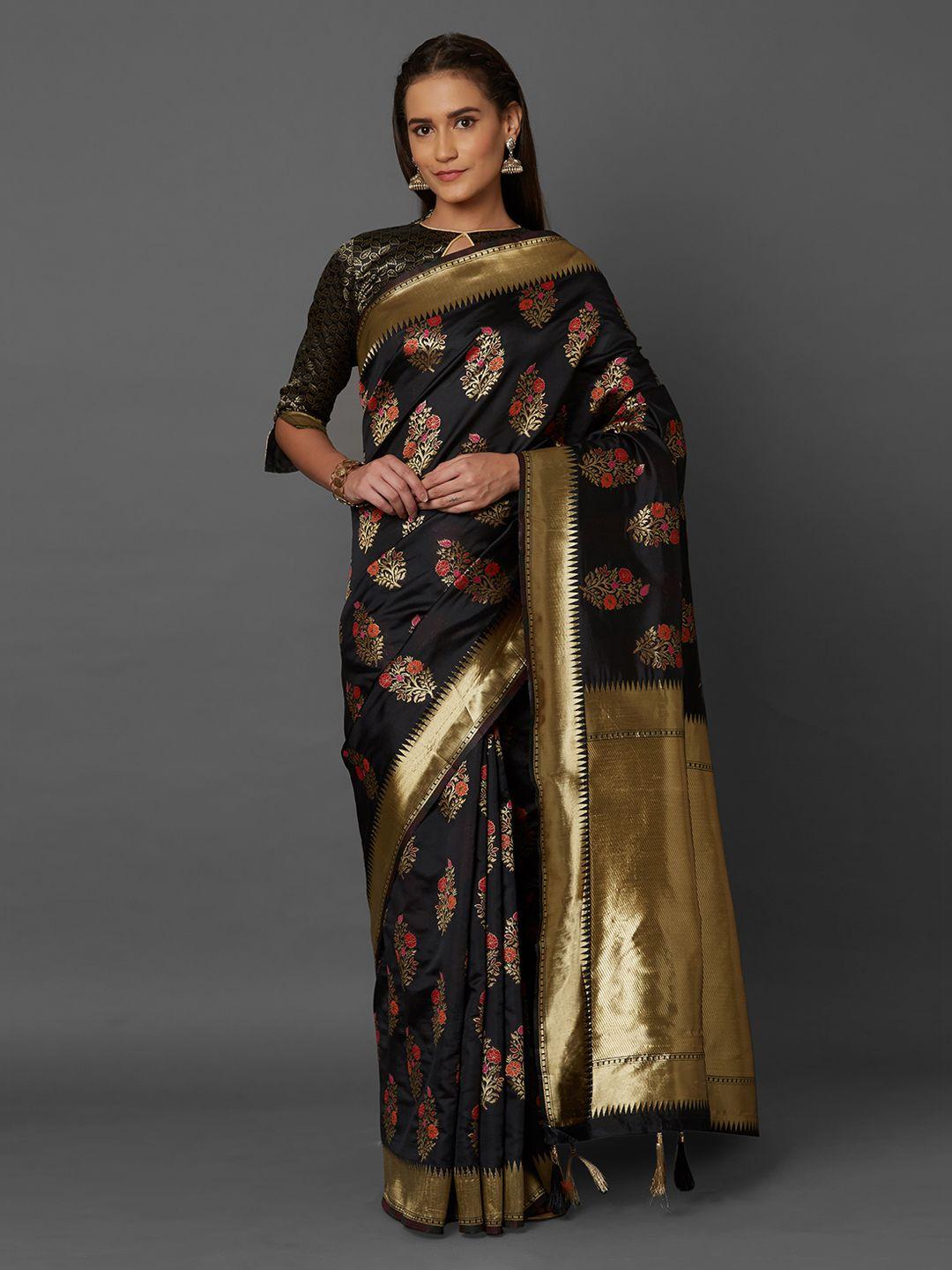 mitera black & gold-coloured silk blend woven design kanjeevaram saree