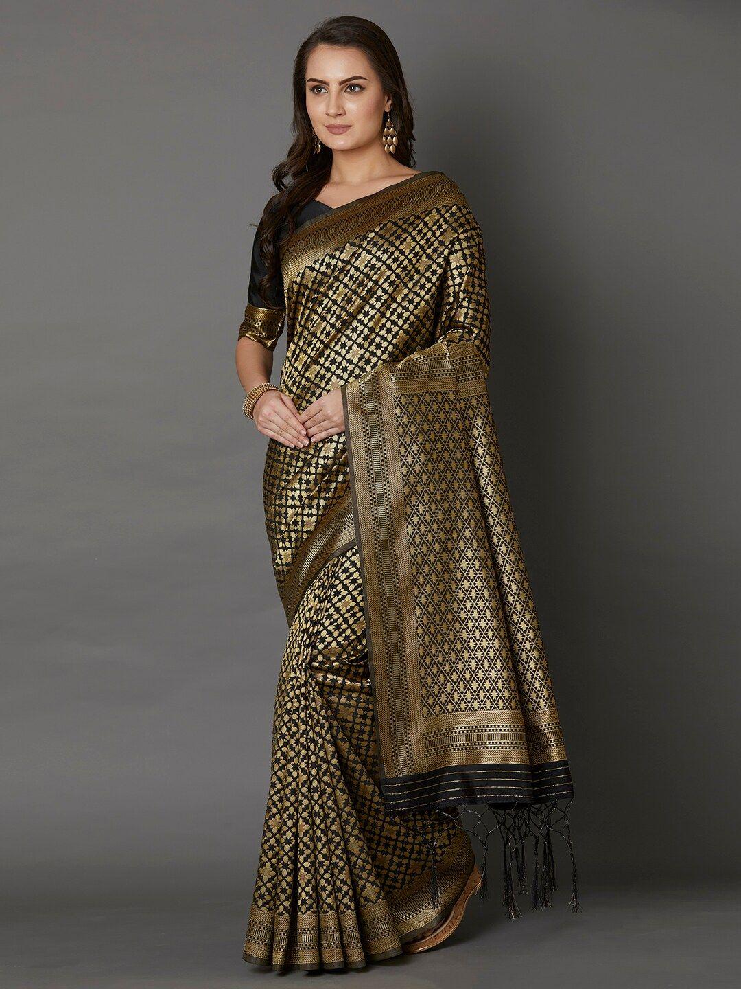 mitera black & gold coloured zari silk blend saree