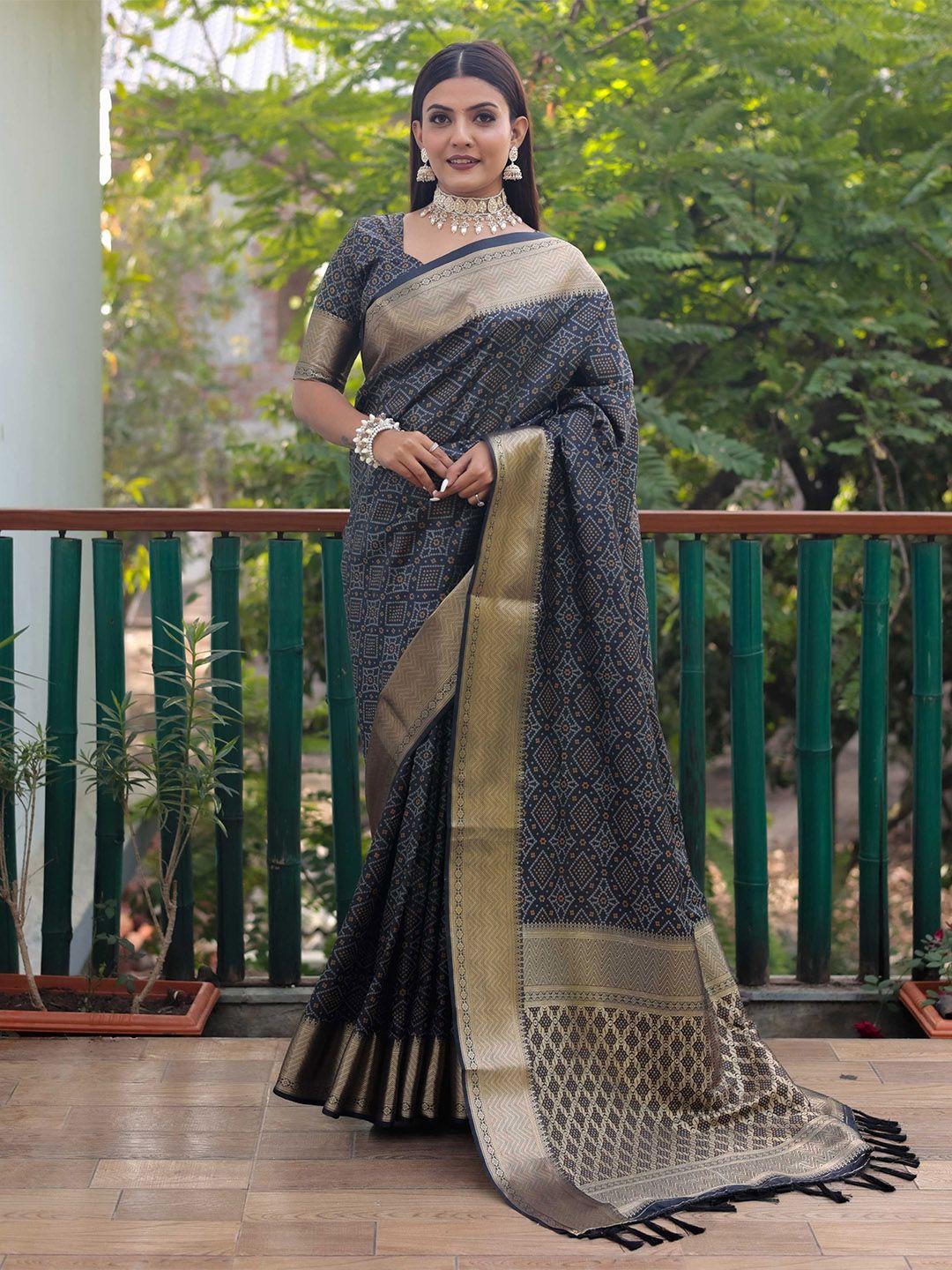 mitera black & gold-toned bandhani printed zari patola saree