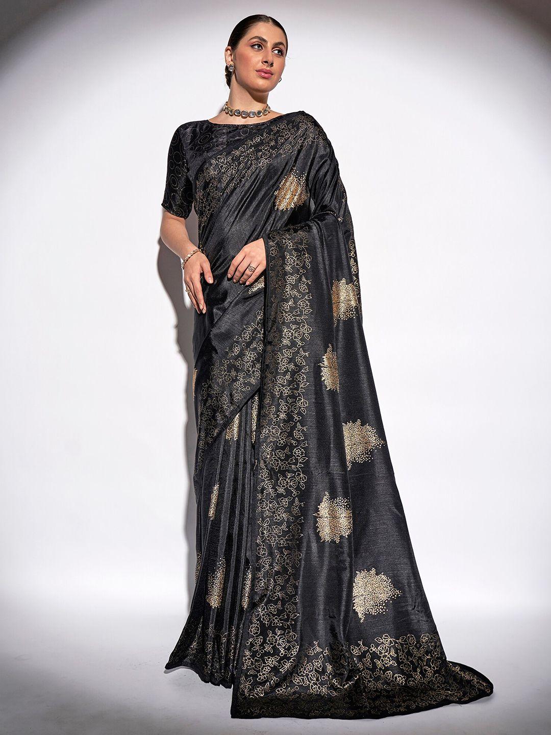 mitera black & gold-toned ethnic motifs printed pure georgette saree