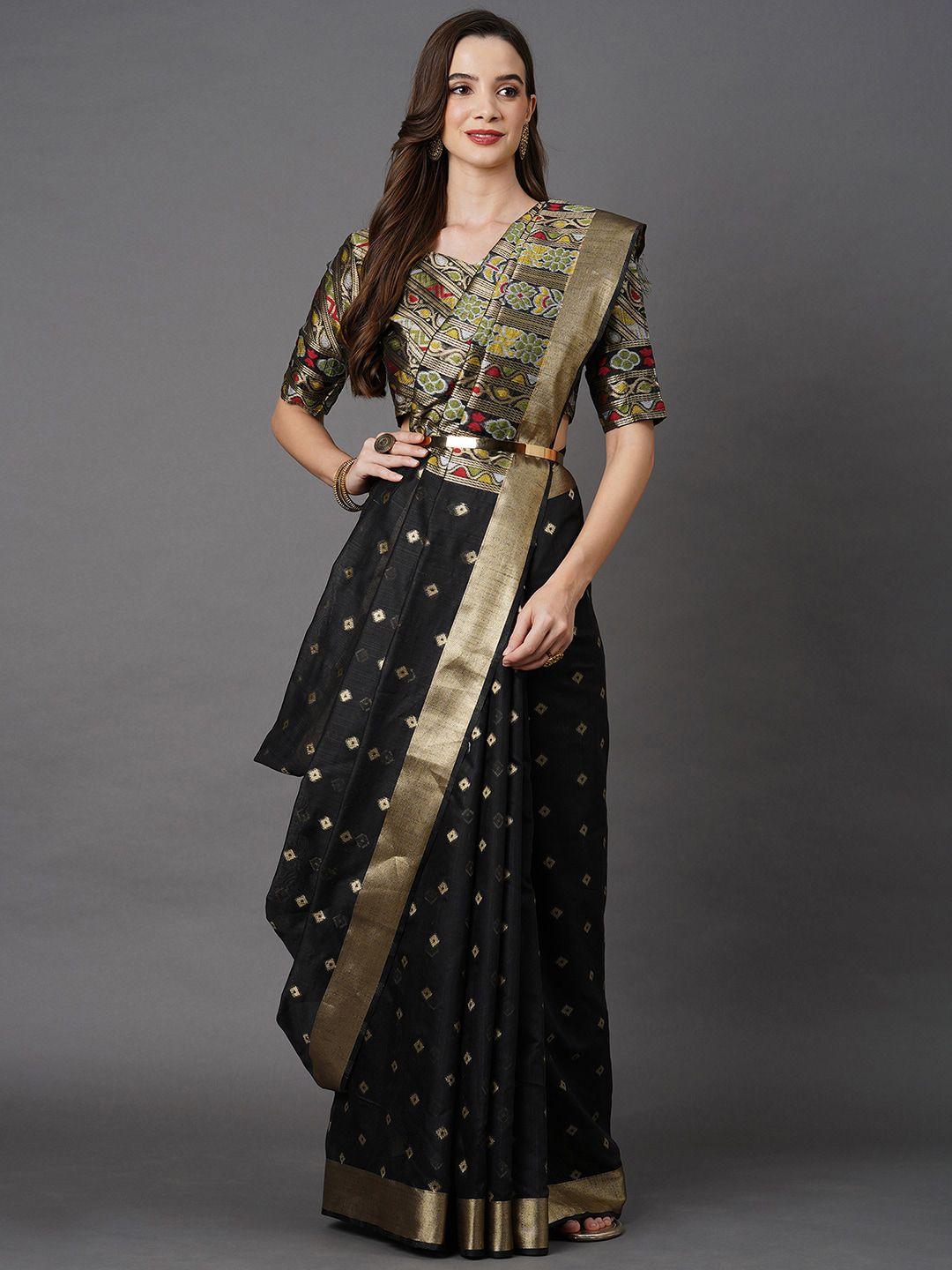 mitera black & gold-toned ethnic motifs zari banarasi silk cotton saree