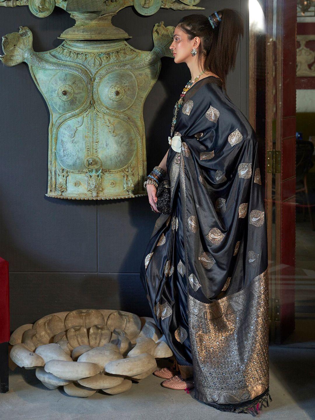 mitera black & gold-toned ethnic woven design zari banarasi saree