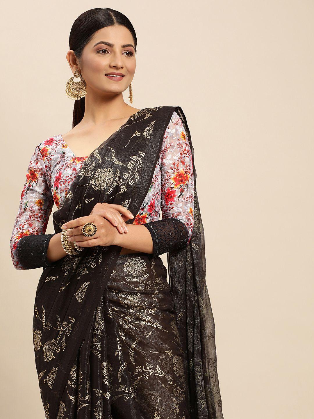 mitera black & gold-toned floral zari pure chiffon saree