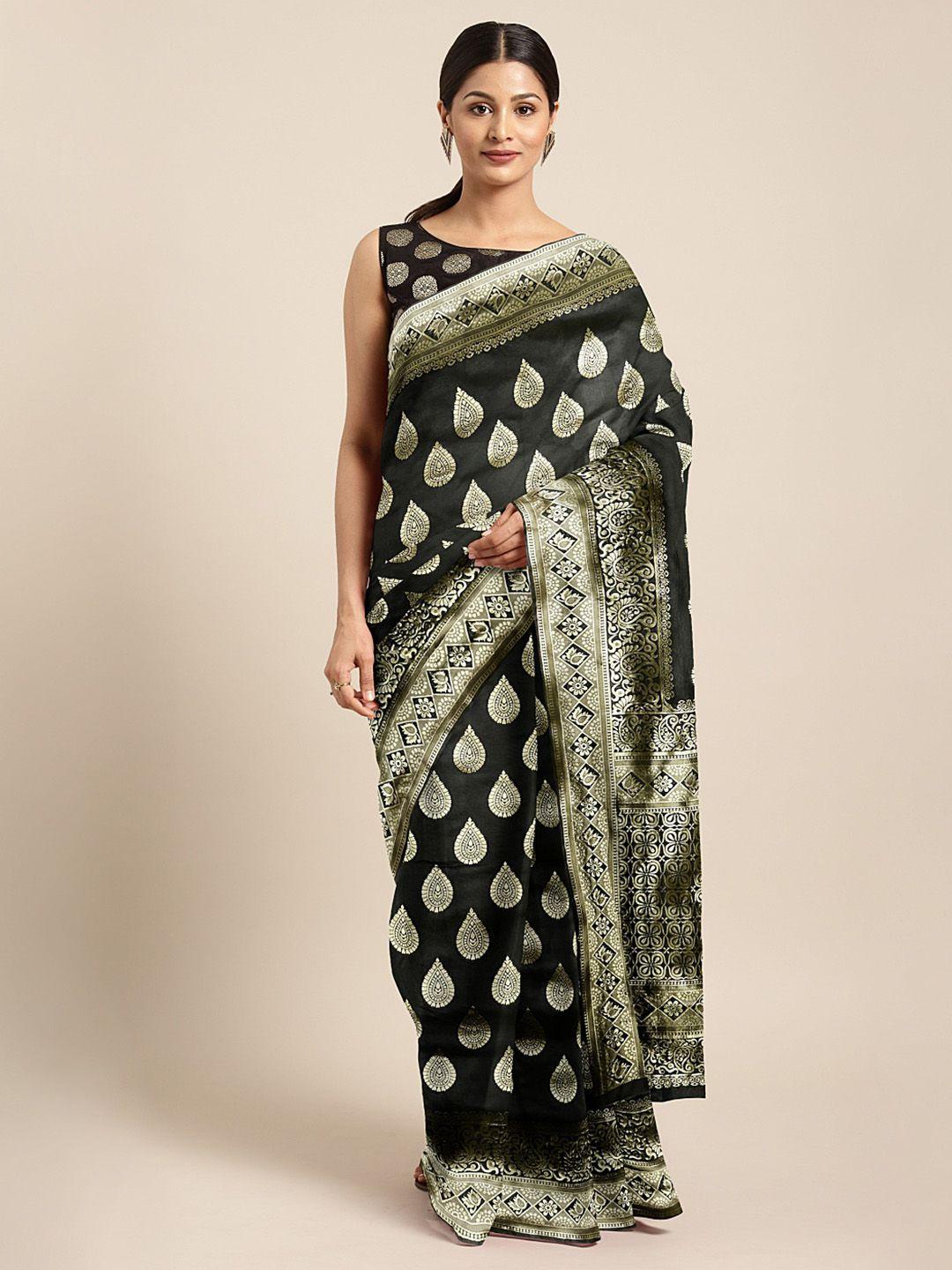 mitera black & gold-toned silk cotton printed saree