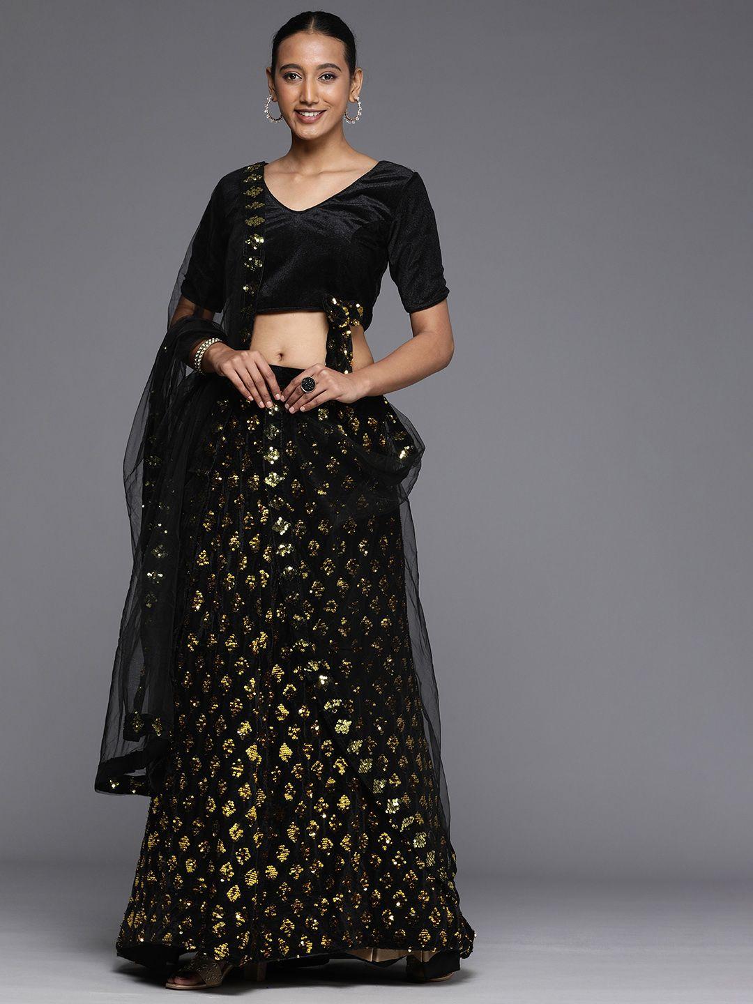 mitera black & gold-toned velvet semi-stitched lehenga & unstitched blouse with dupatta