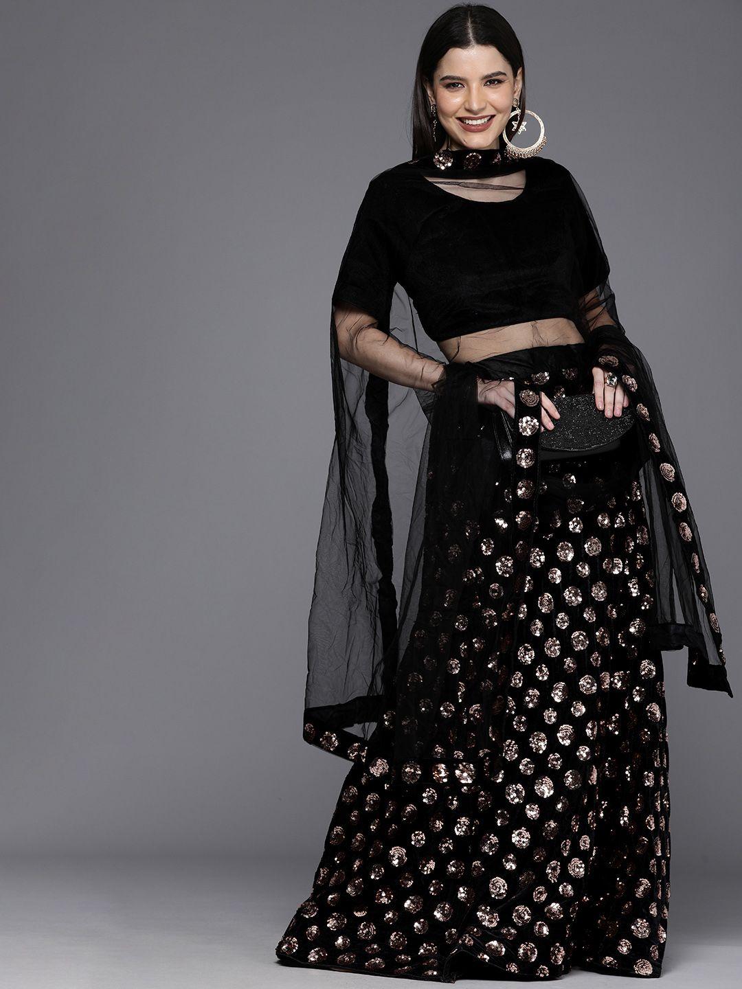 mitera black & gold-toned velvet semi-stitched lehenga & unstitched blouse with dupatta