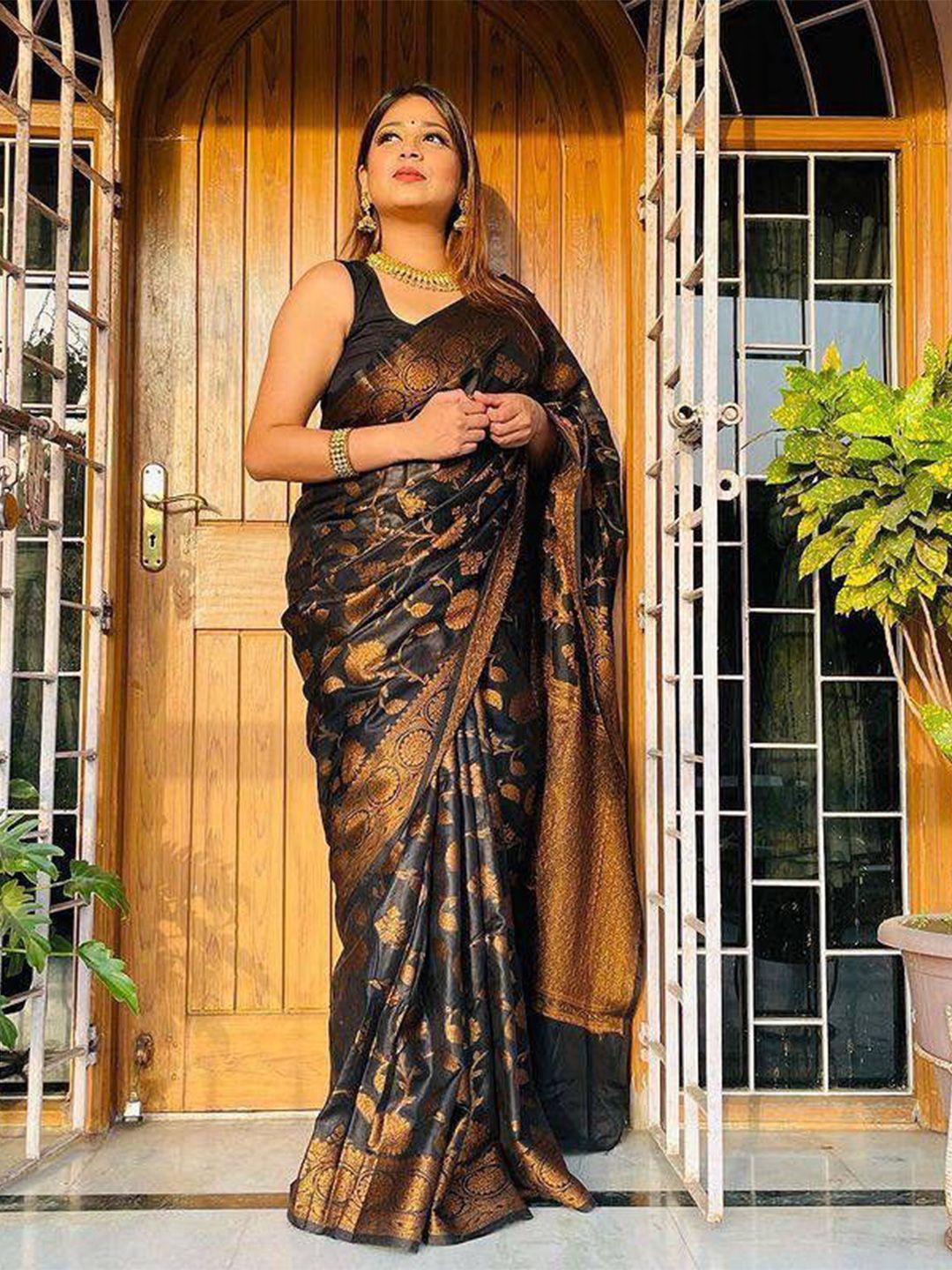 mitera black & gold toned woven design zari art silk saree