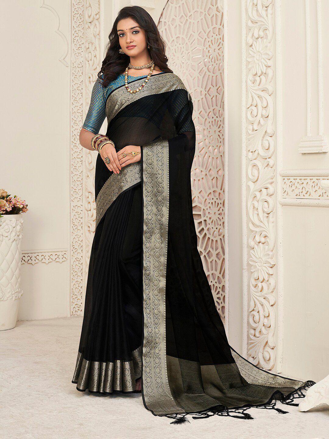 mitera black & gold-toned woven design zari organza saree