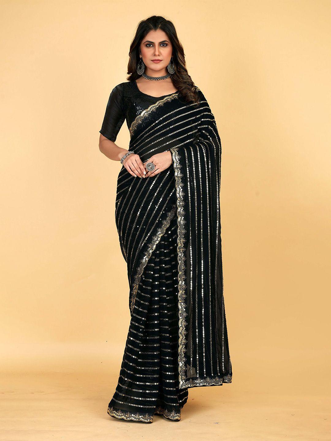 mitera black & goldtoned embellished sequinned georgette saree