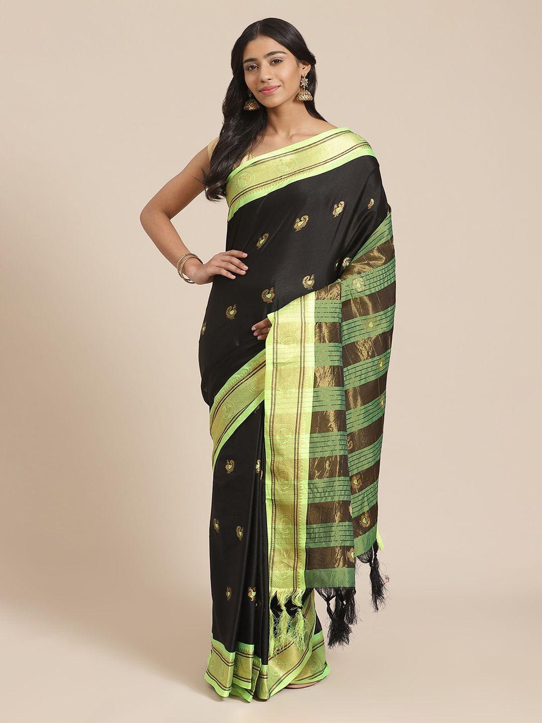 mitera black & green pure silk woven design kanjeevaram saree