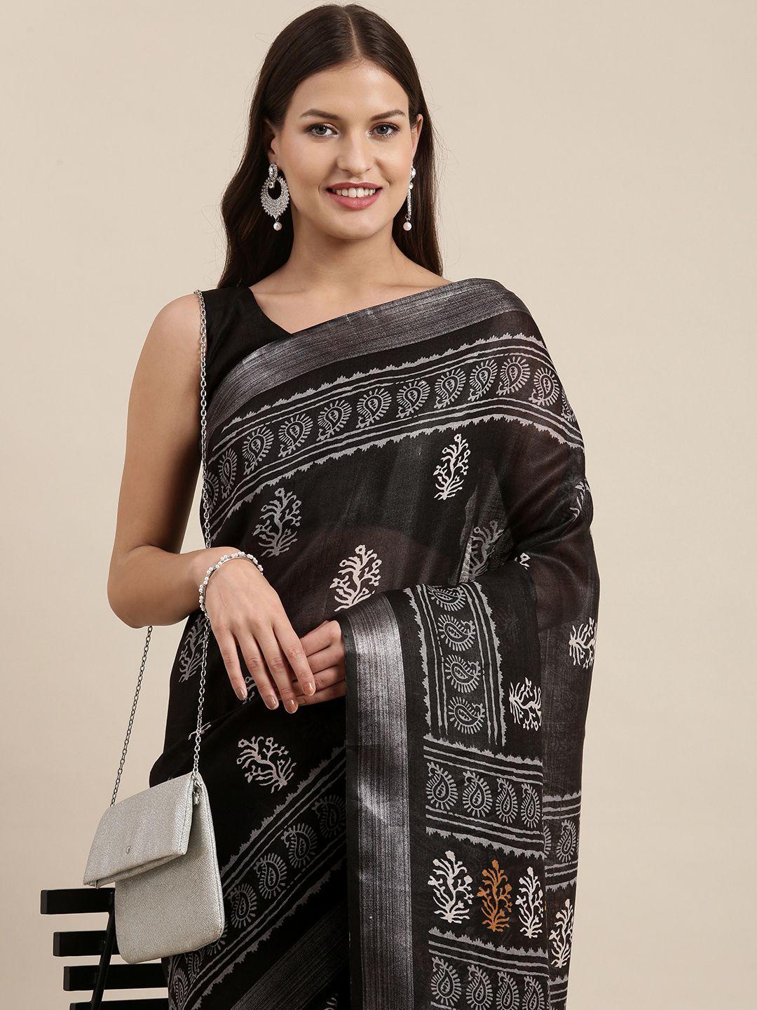 mitera black & grey ethnic motifs & paisley zari linen blend bagh saree