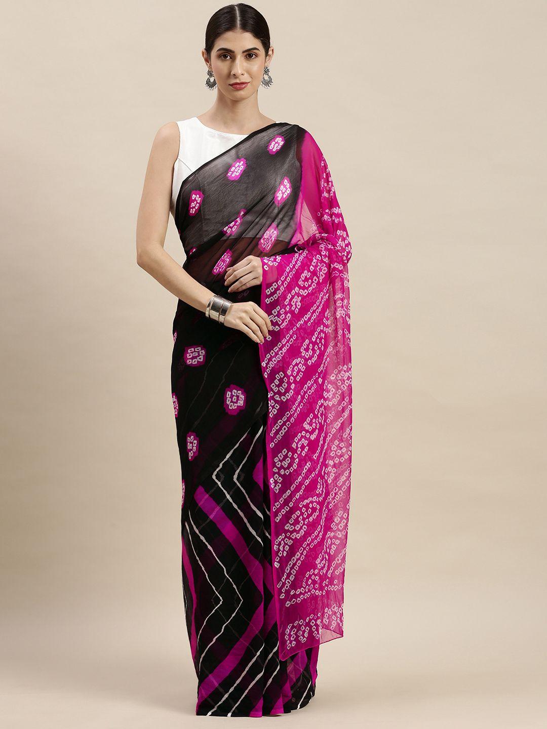 mitera black & pink bandhani art silk  bandhani saree