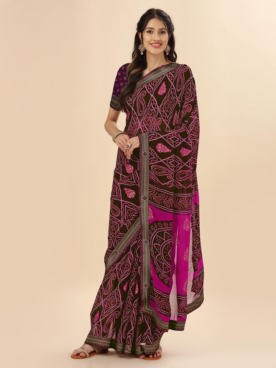 mitera black & pink bandhani beads and stones pure georgette saree